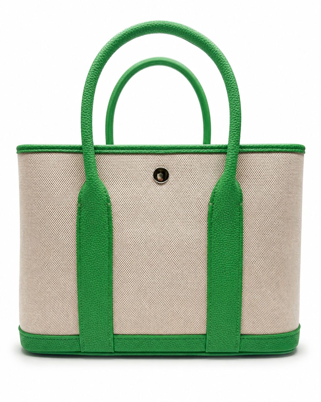 A structured tote bag featuring a cream-colored woven canvas body with vibrant green leather handles, trim, and side supports, set against a plain white background.