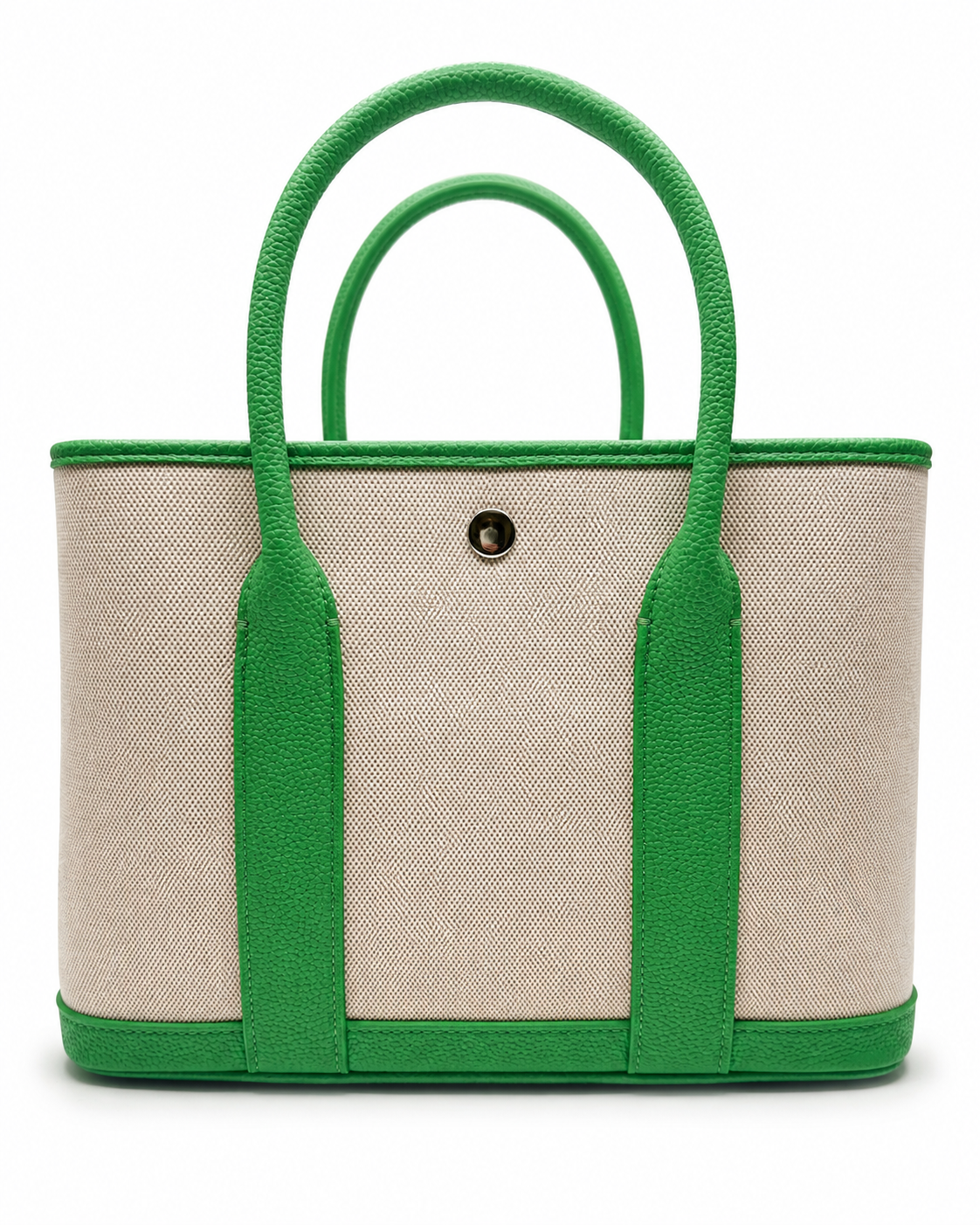 A structured tote bag featuring a cream-colored woven canvas body with vibrant green leather handles, trim, and side supports, set against a plain white background.