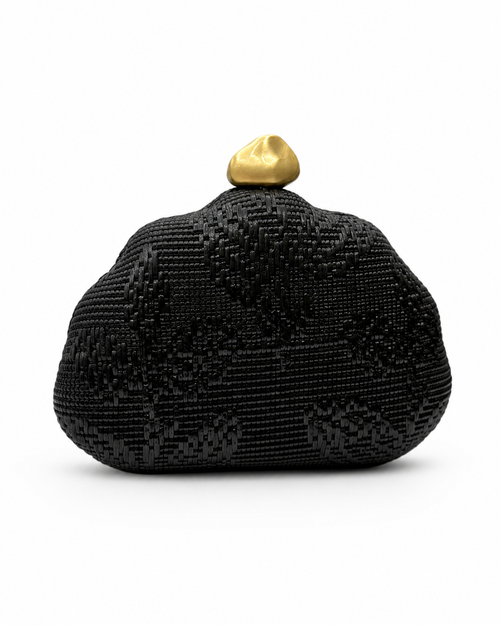 A black beaded clutch bag with a textured geometric pattern and a small metallic gold top clasp, shown on a plain white background.
