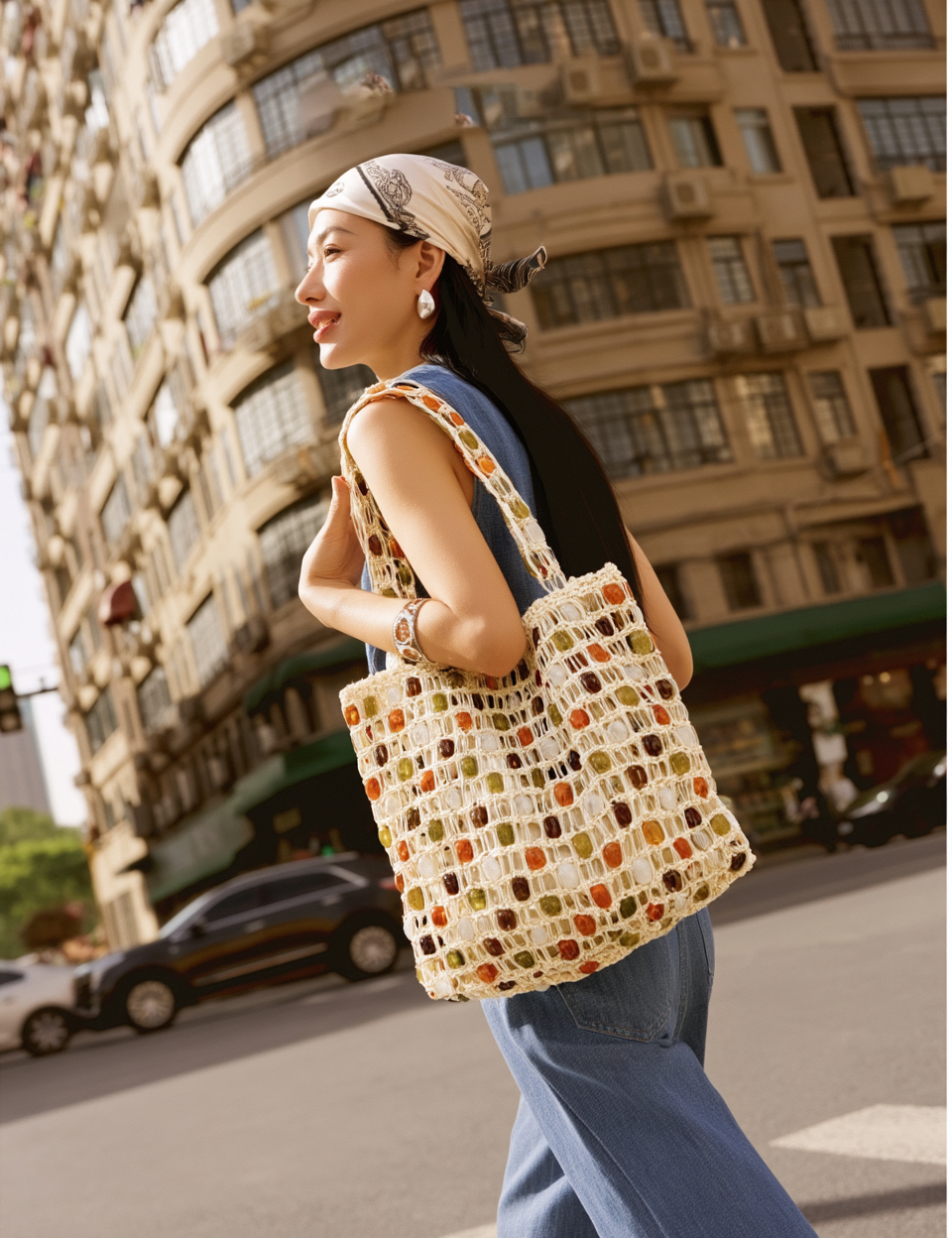A woman in a headscarf and green jacket carries a printed canvas tote across a city street